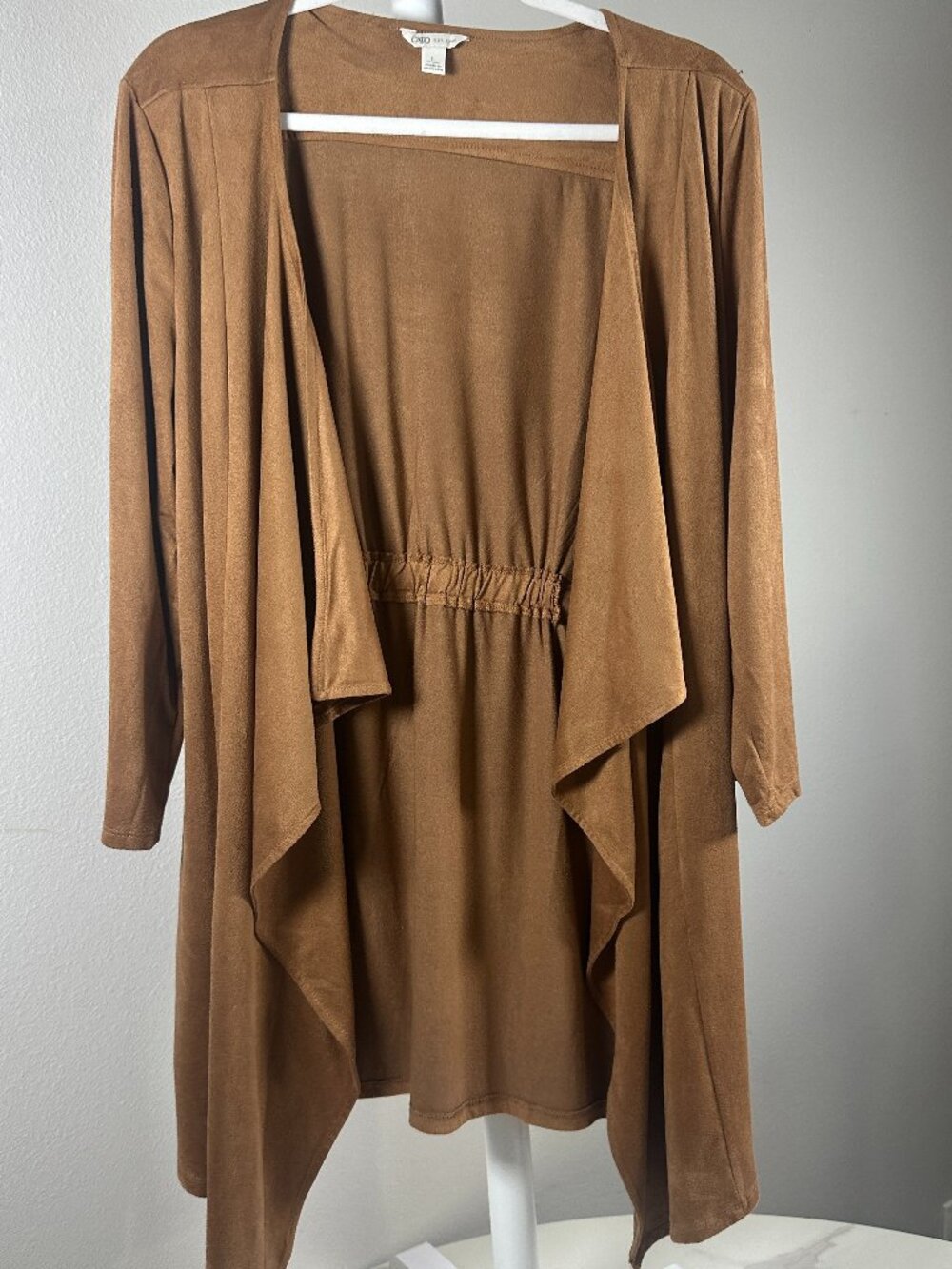 Camel Brown Open Front Drape Cardigan – Faux Suede – 3/4 Sleeve